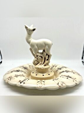 Vintage Red Wing Pottery #526 Ivory / Fawn Console Bowl & Deer Flower Frog